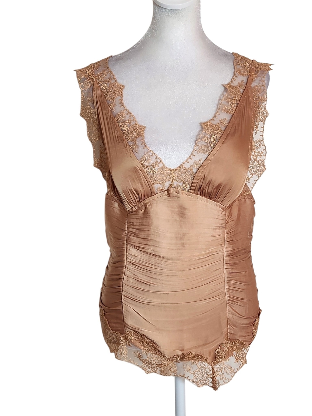 Free People Elena Copper Peach Lace Trim Asymmetrical Tank Top No Size Tag